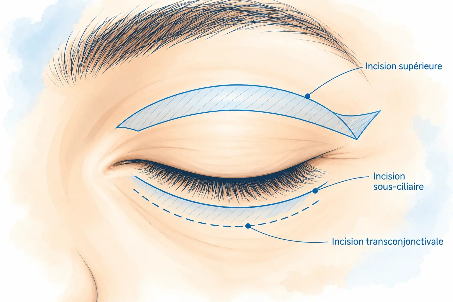 Schéma d'un œil fermé montrant le tracé de l'incision supérieure, l'incision sous-ciliaire et l'incision transconjonctivale.