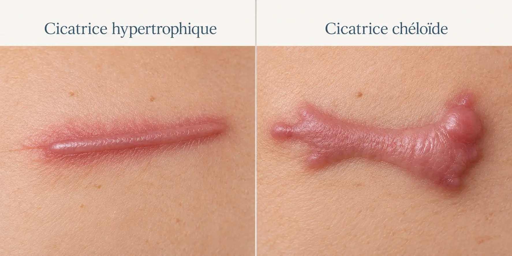 Comparaison entre une cicatrice hypertrophique, qui reste dans les limites de la plaie, et une cicatrice chéloïde, qui les dépasse.