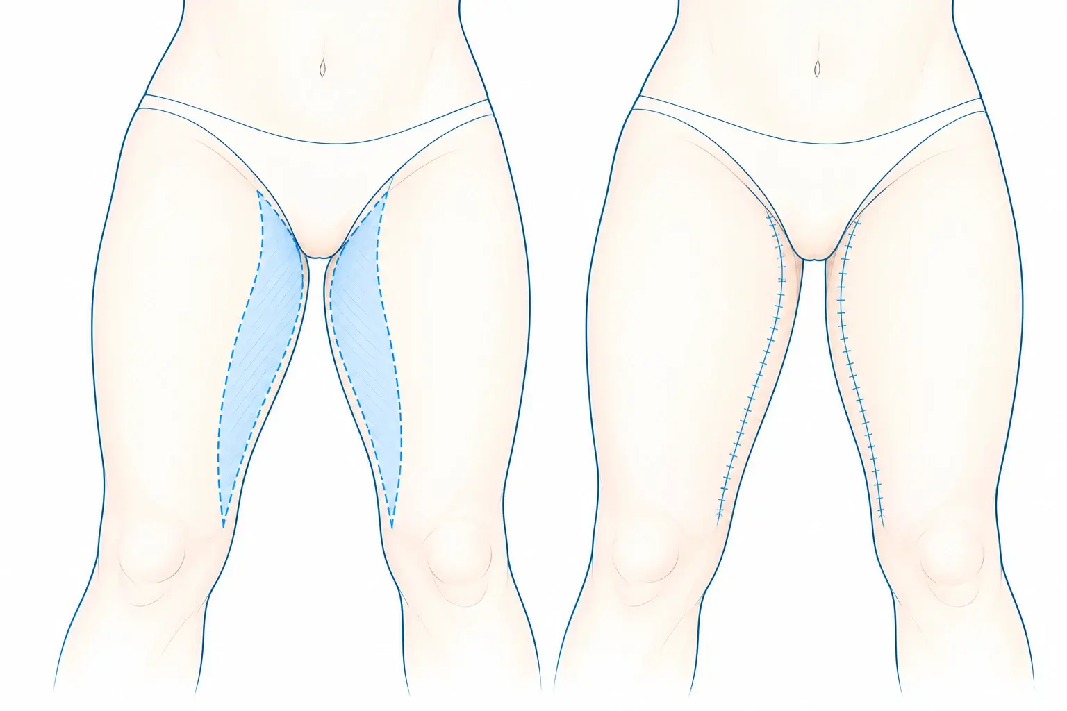 Schéma de la cruroplastie : à gauche, les cuisses vues de face avec les zones de peau à retirer, hachurées sur leur face interne, du pli de l'aine vers le genou ; à droite, les cicatrices verticales qui en résultent sur la face interne des cuisses.