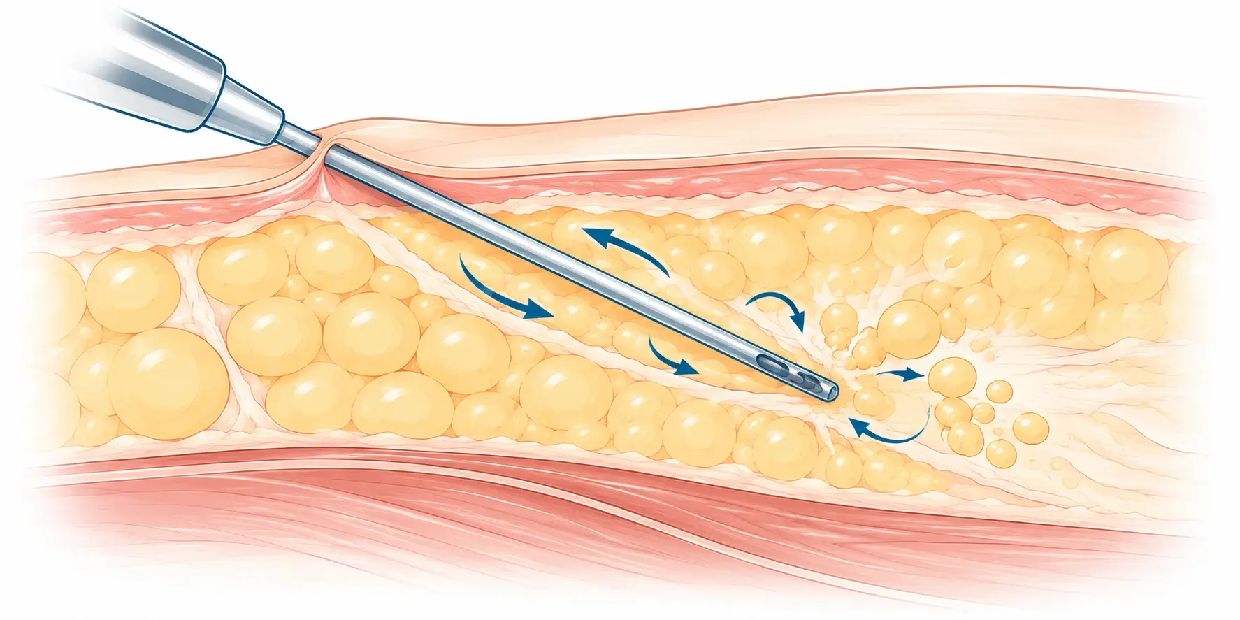 Schéma en coupe d'une liposuccion : une canule fine traverse la peau par une petite incision et chemine dans la couche de graisse sous-cutanée, au-dessus du muscle ; des flèches montrent ses allers-retours et l'aspiration des cellules graisseuses à son extrémité.