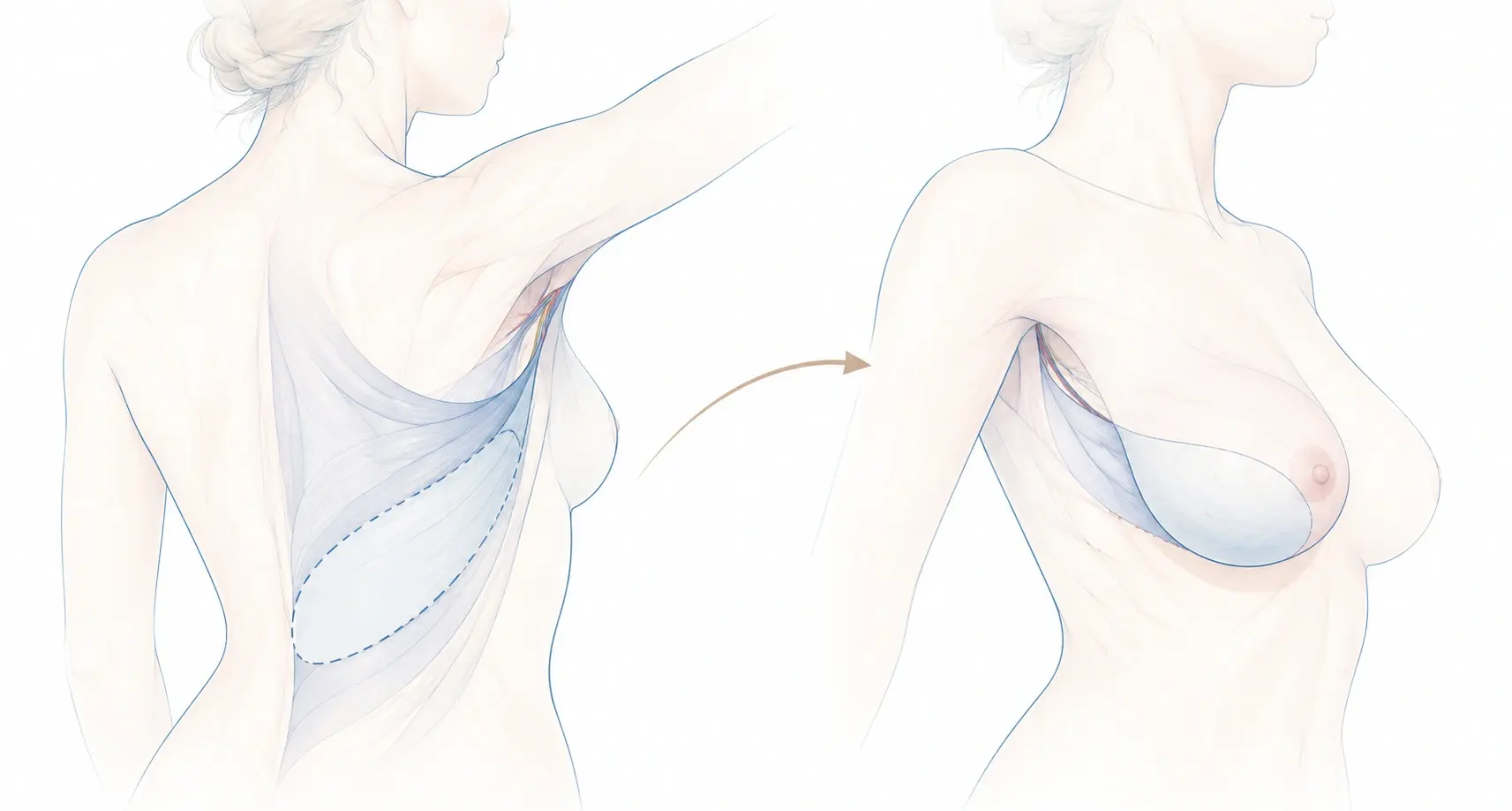 Lambeau de grand dorsal : à gauche, vue de dos montrant la palette de peau et le muscle grand dorsal prélevés sous l'omoplate, contour en pointillés ; à droite, le lambeau ramené par l'aisselle vers le thorax pour former le sein, en gardant ses vaisseaux d'origine.