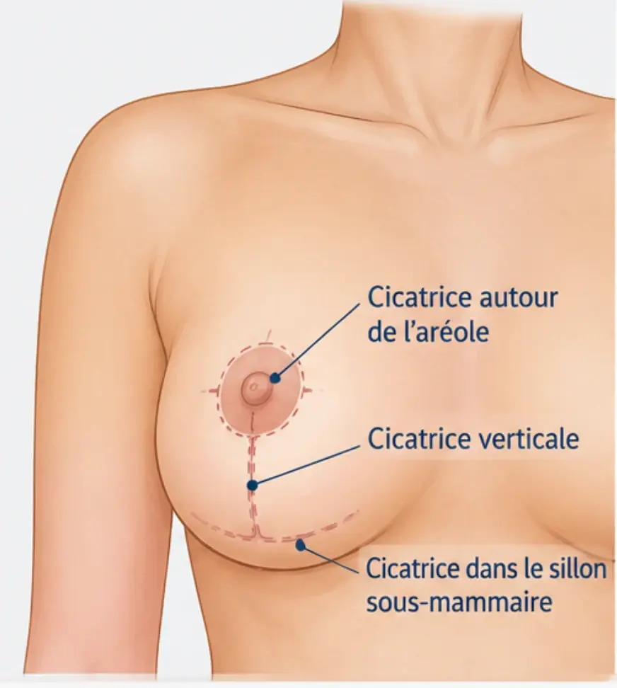 Illustration d'une poitrine montrant les trois cicatrices possibles d'une réduction mammaire : autour de l'aréole, verticale sous l'aréole et dans le sillon sous-mammaire.